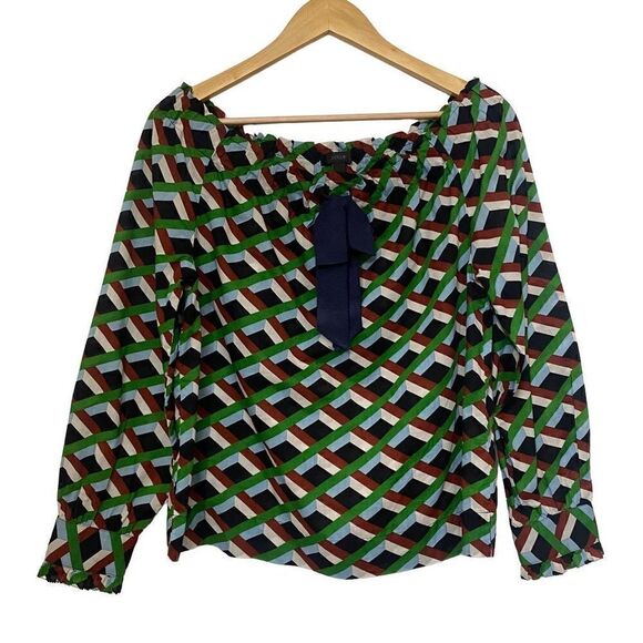 J.Crew  Off The Shoulder In Ratti Graphic Diamond Blouse Green Brown Size S - Picture 4 of 12